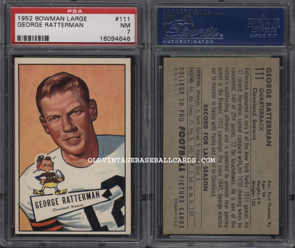 1952 Bowman Large #111 George Ratterman - Browns